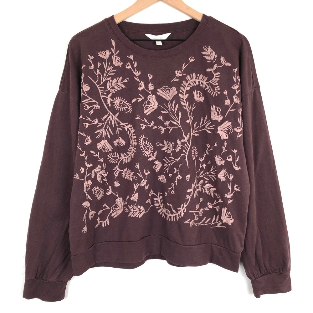 GARNET HILL Organic Cotton Embroidered Sweatshirt Sz L Burgundy Long Sleeve Top